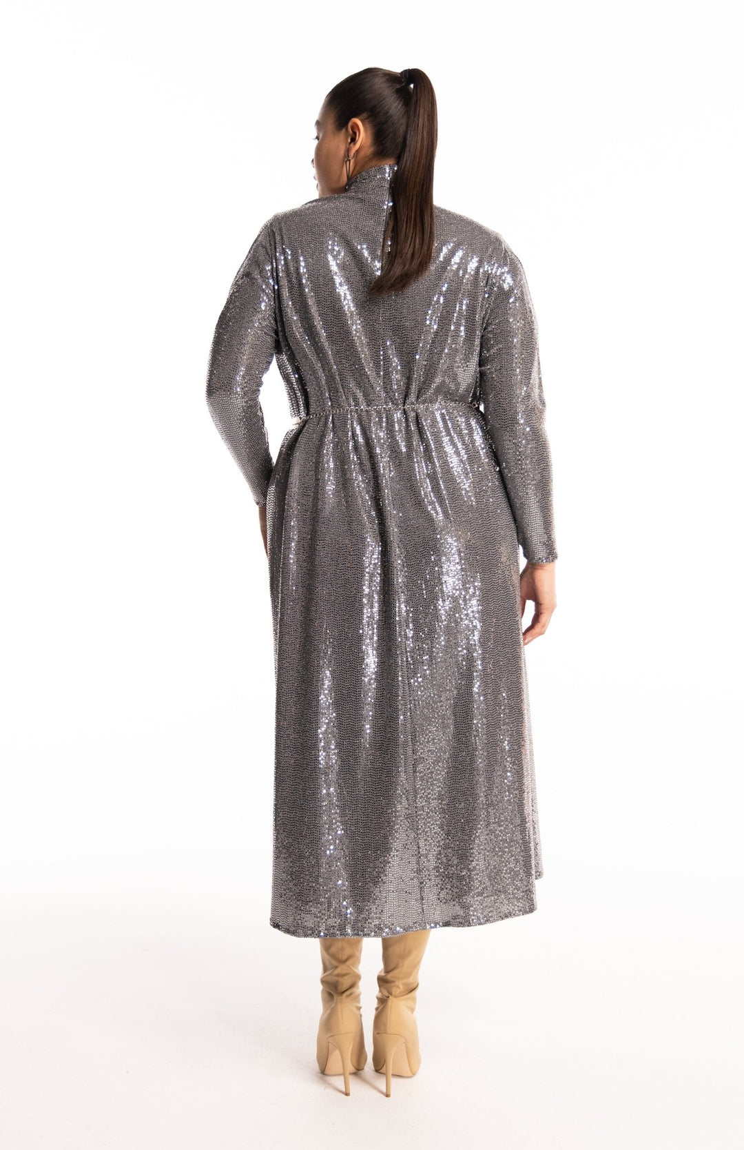plus size silver sequin dress with draped sleeves