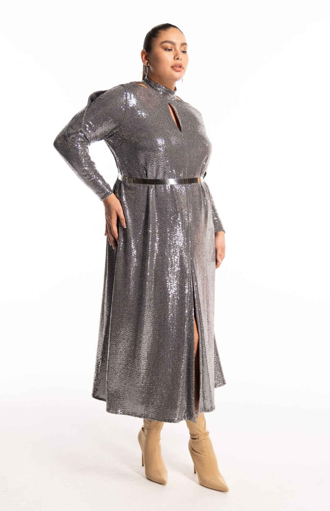 belted plus size sequin dress with sleeves