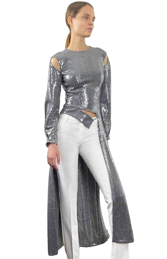 Silver, Long Sleeve, Long Sequin Top, With Tails