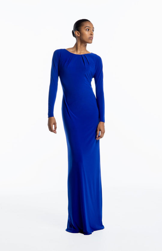 Elegant, Grecian style, long backless dress, with back cutout detail in royal blue jersey knit