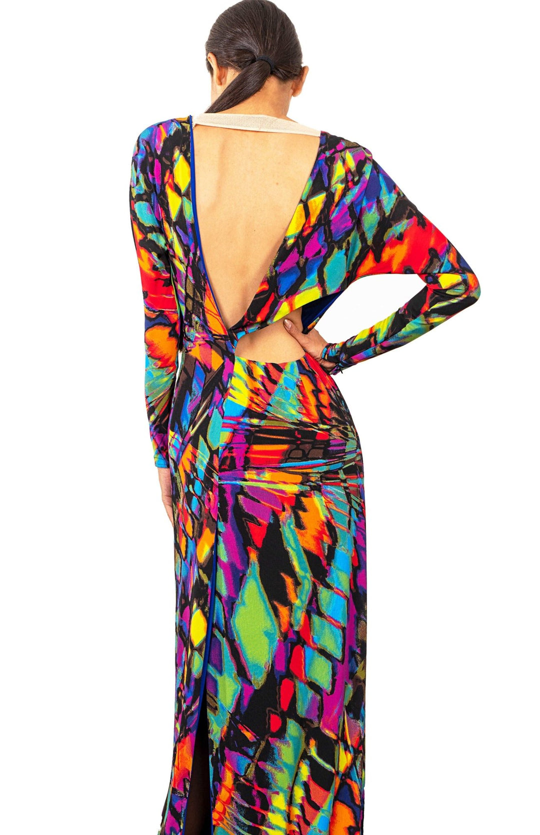 Sexy, printed, long sleeve long dress, with back cutout detail in bright colored jersey knit