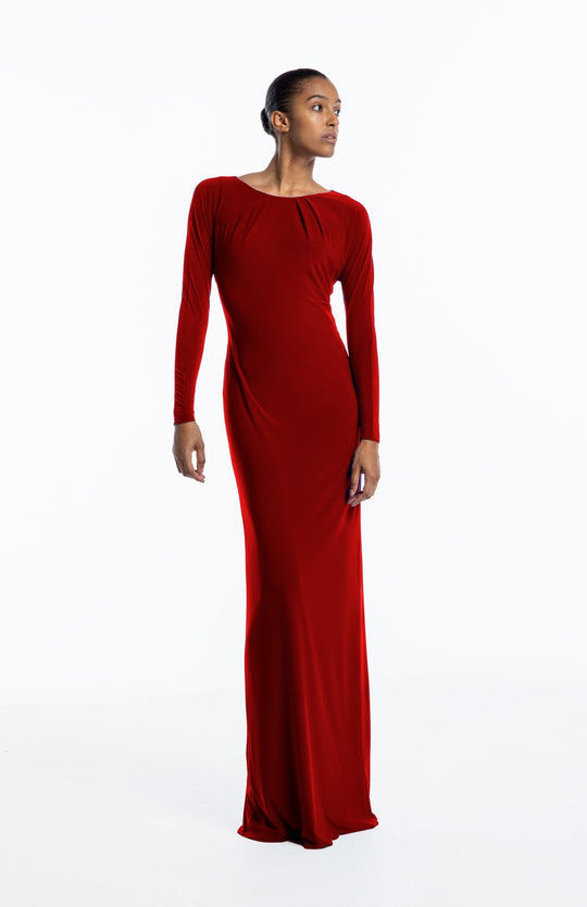 Dramatic, Grecian style, backless gown, with back cutout detail in red jersey knit