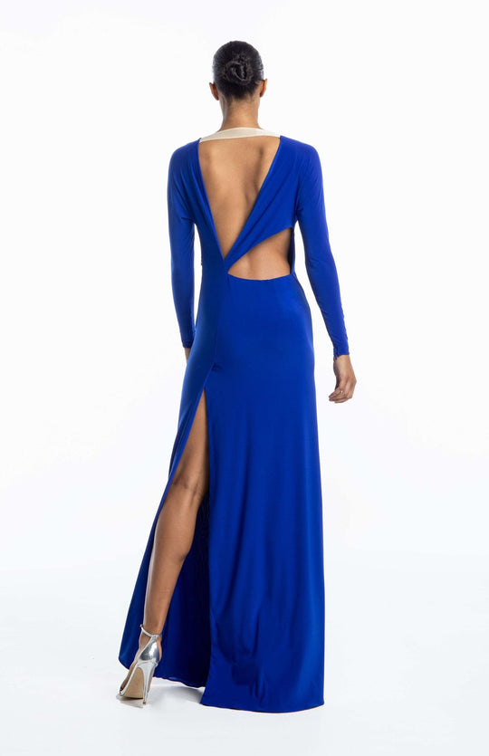 Dramatic, Grecian style, backless gown, with back cutout detail in royal blue jersey knit