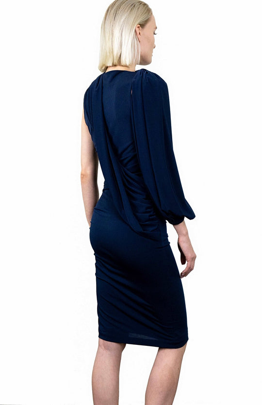 Chic, Indigo navy, Grecian style, draped dress in jersey knit, with an asymmetrical oversized sleeve.