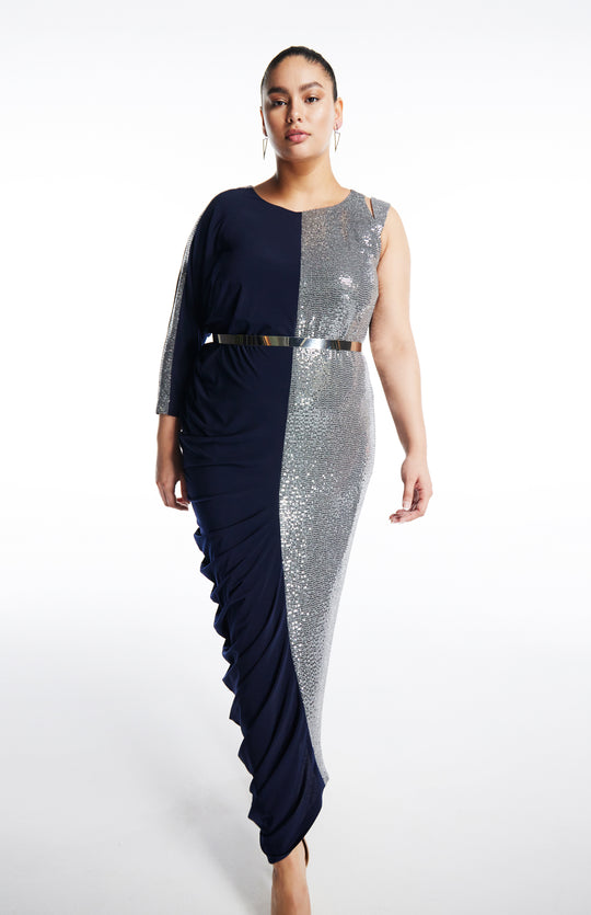 Mythodea Glam | Plus Size Long Draped Dress In Sequin And Jersey