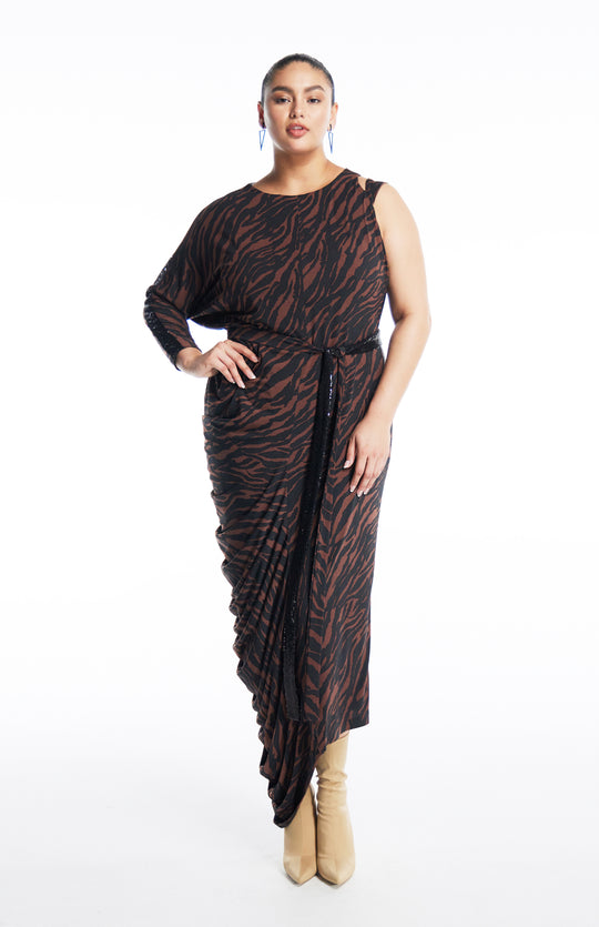 Mythodea | Subtle Sophistication: Long Draped Curve Dress
