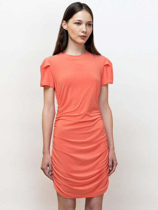 Cool, coral, short sleeve, smart casual tee dress in jersey knit. Body gathers and draped sleeves.