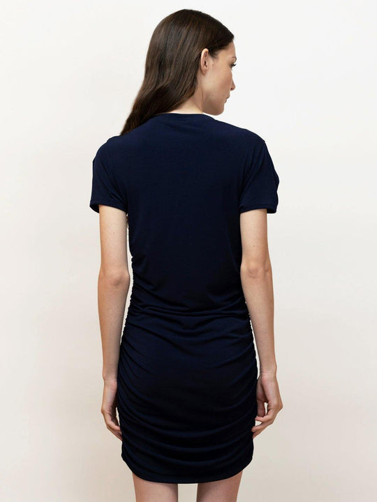 Stylish, navy, short sleeve, smart casual tee dress in jersey knit. Body gathers and draped sleeves.