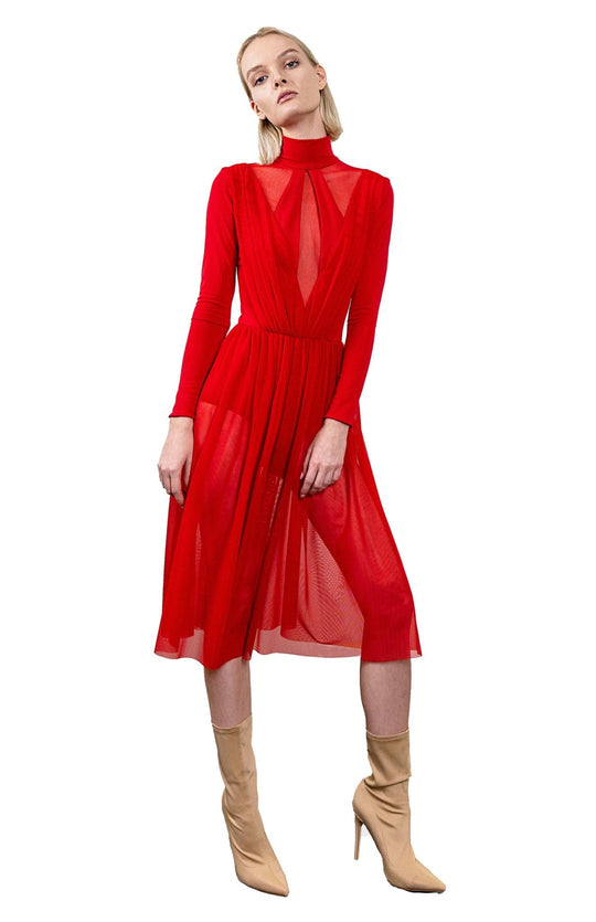 Red, ballerina style, bodysuit dress, with long sleeves, turtleneck and gathered sheer skirt below the knee.