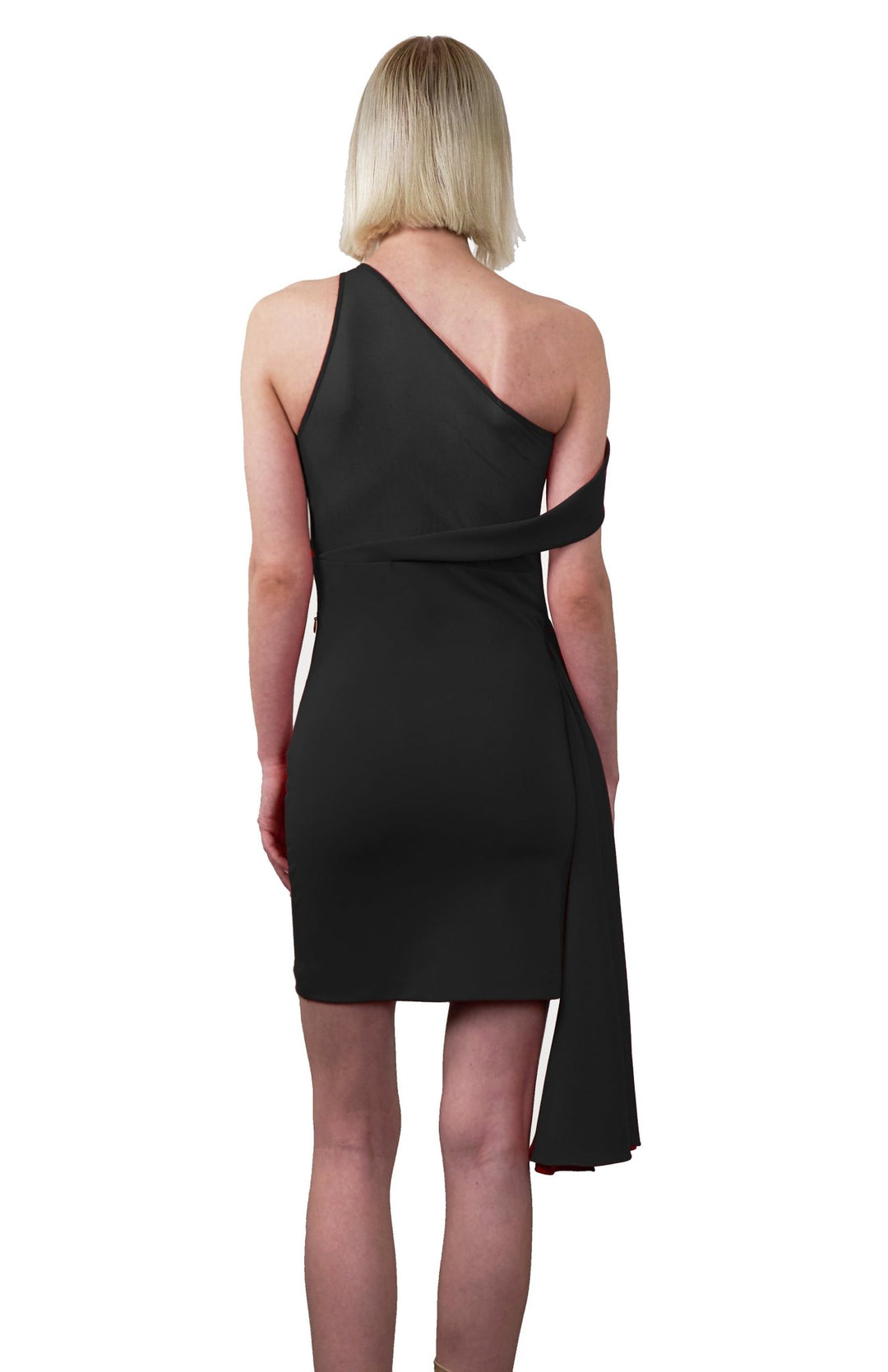 Chic, black,  one shoulder, draped, party bodycon short dress with sheer mesh back detail.