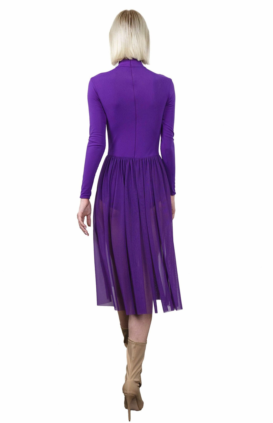 Chic, purple, ballerina style, bodysuit dress, with long sleeves, turtleneck and gathered sheer skirt below the knee.