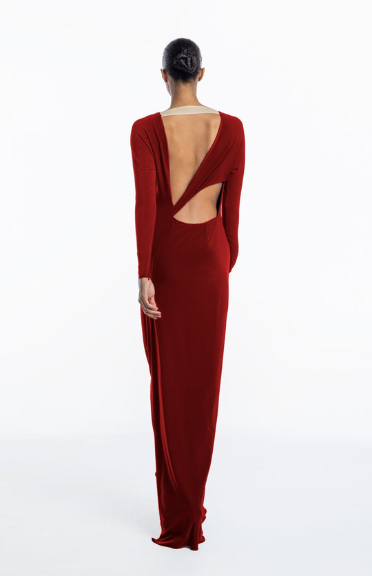 Grecian style, Long sleeve long dress, with back cutout detail in red jersey knit