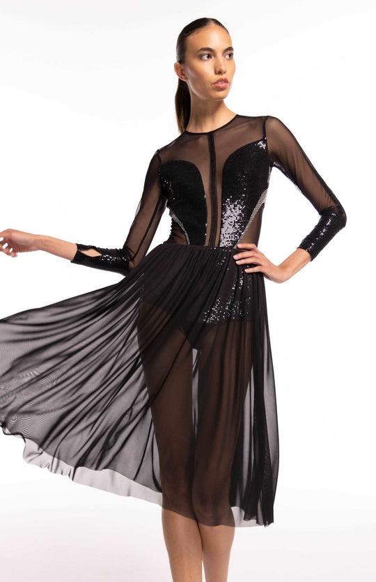 black sheer sequin cocktail dress