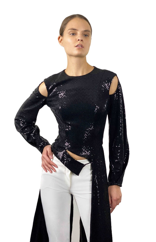 Dramatic,  Long Sleeve, Long Sequin Top, With Tails