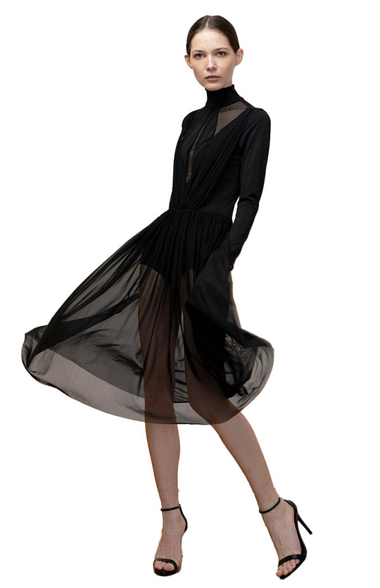 black turtleneck dress with sheer skirt