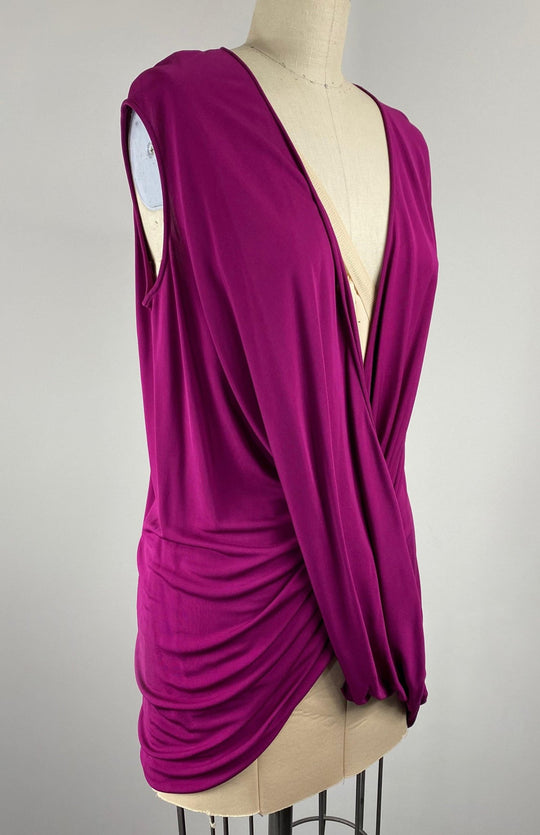 Designer, Plum color, kimono style, draped top in matte jersey. Can also be worn back to front with either a closed neck or a V neck as the front.
