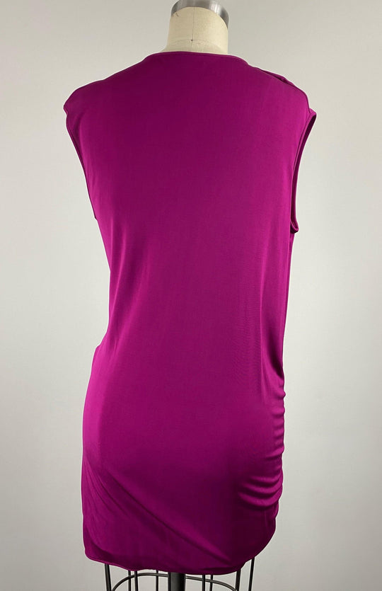 Modern, Plum color, kimono style, draped top in matte jersey. Can also be worn back to front with either a closed neck or a V neck as the front.