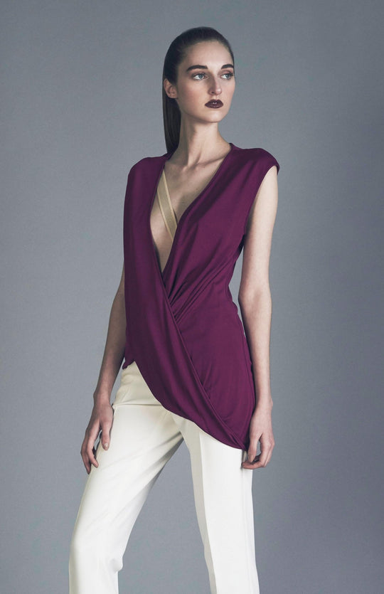 Plum color, kimono style, draped top in matte jersey. Can also be worn back to front with either a closed neck or a V neck as the front.