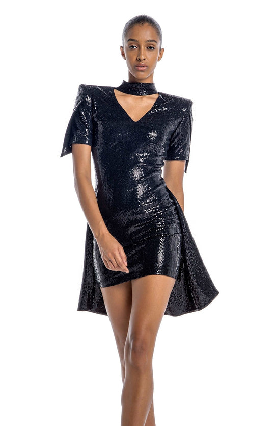 Chic, black short sequin dress, with short draped sleeves, high neck, and long tails