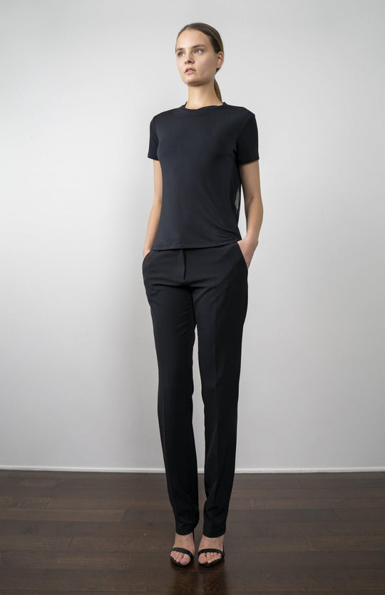 Smart casual, black, designer tee, in jersey knit,  with crew neck, sheer draped back and short sleeves