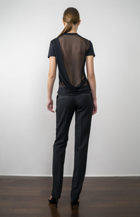 Modern, Black, designer tee, in jersey knit,  with crew neck, sheer draped back and short sleeves