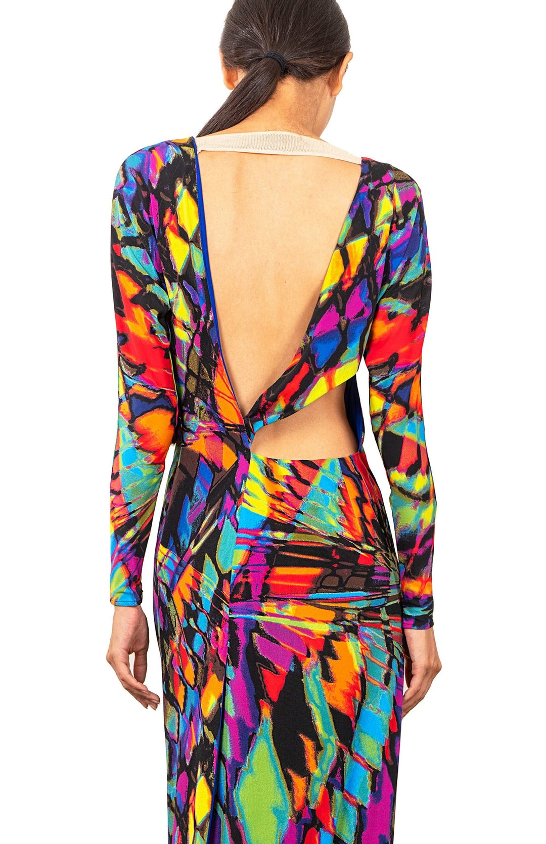 Chic, Grecian style, printed, long sleeve long dress, with back cutout detail in bright colored jersey knit