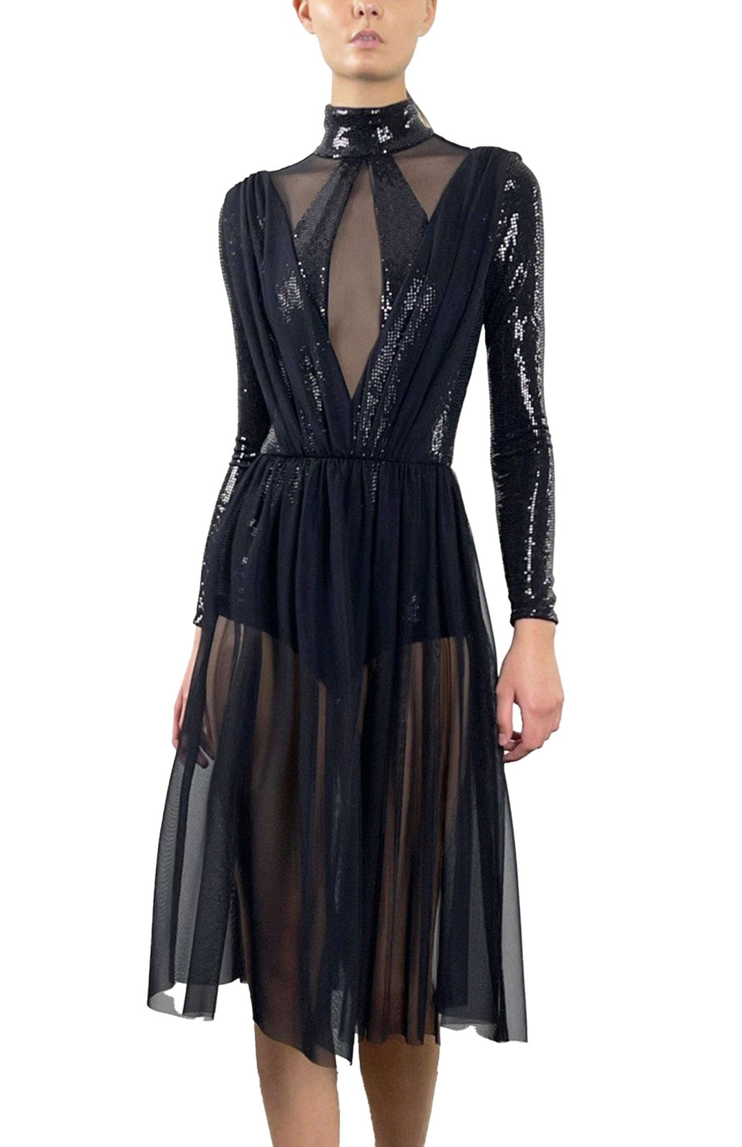 elegant sequin dress with sheer skirt