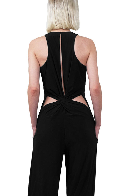 close up black jumpsuit with cutouts