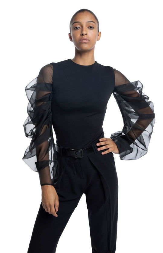 dramatic, black, slim top, in jersey knit, with closed neck, oversized, draped, sheer, sleeves in silk organza