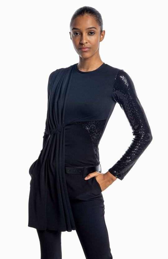 Black, long sleeve, dressy couture t shirt with Grecian style draping and sequin contrast detail