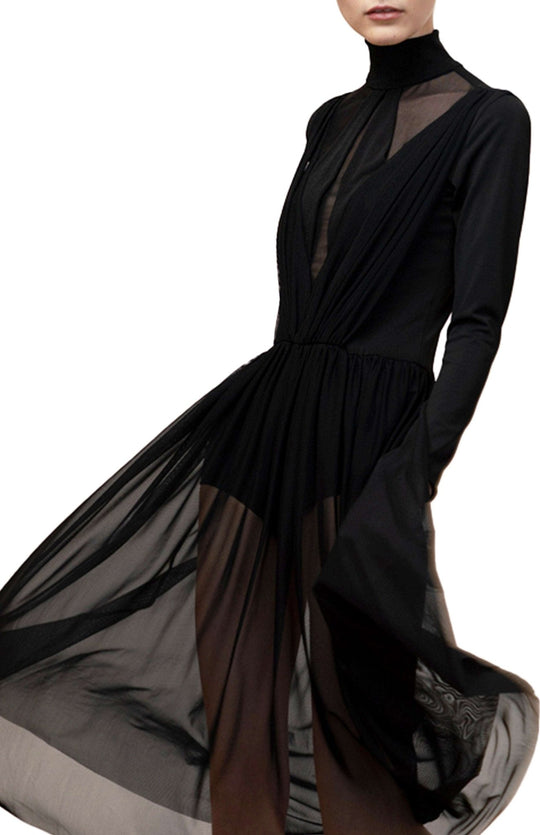 black bodysuit dress with sheer skirt