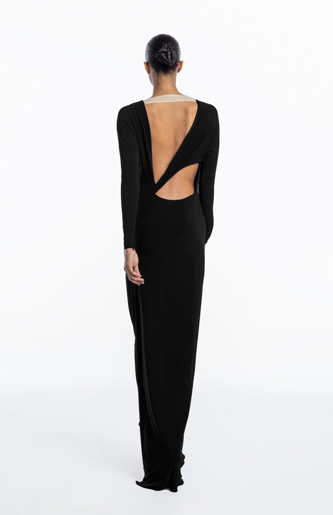 chic, black, backless gown, with back cutout detail in black jersey knit