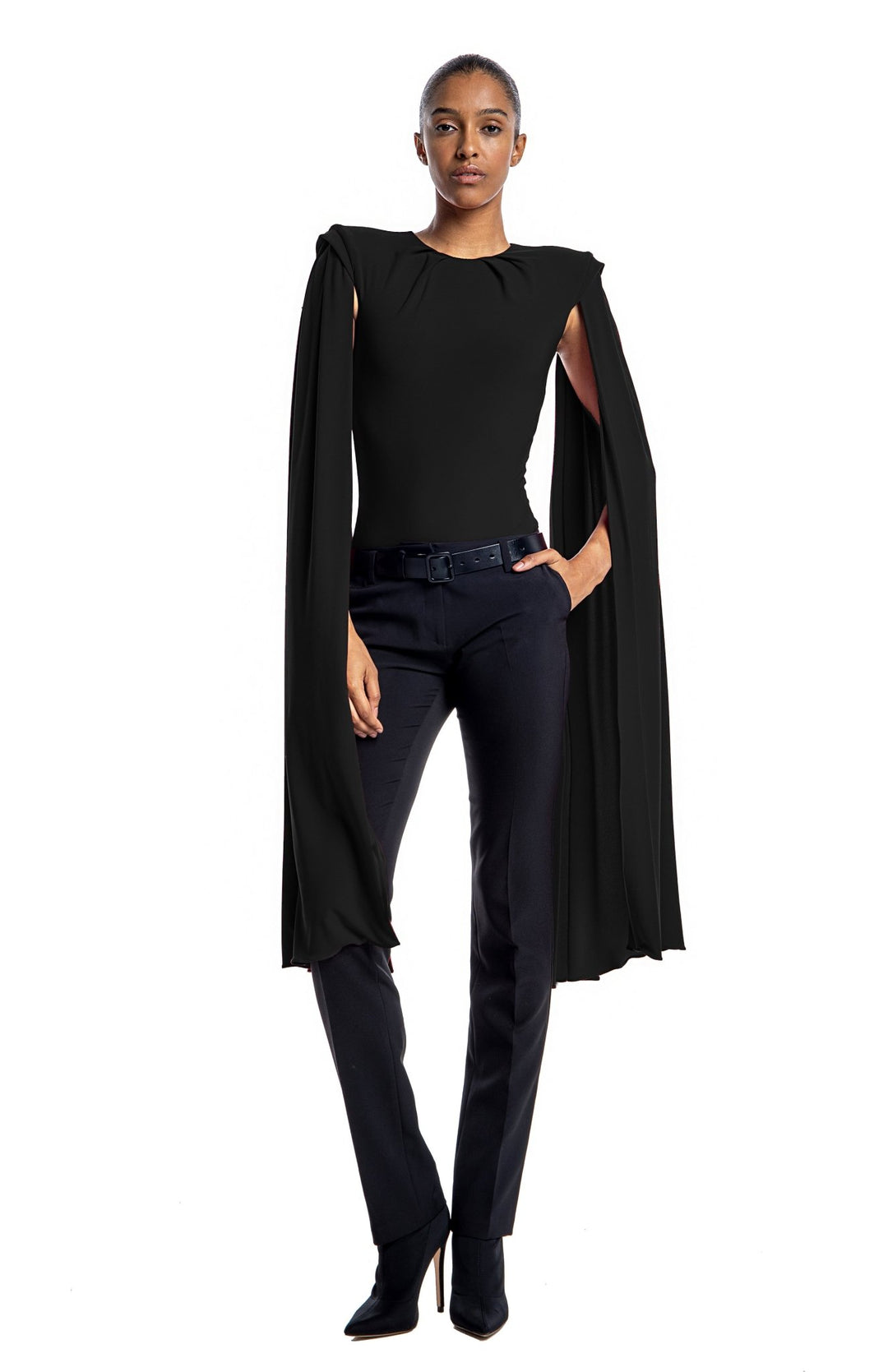 Elegant, black, draped bodysuit with shoulder pads and oversized cape sleeves
