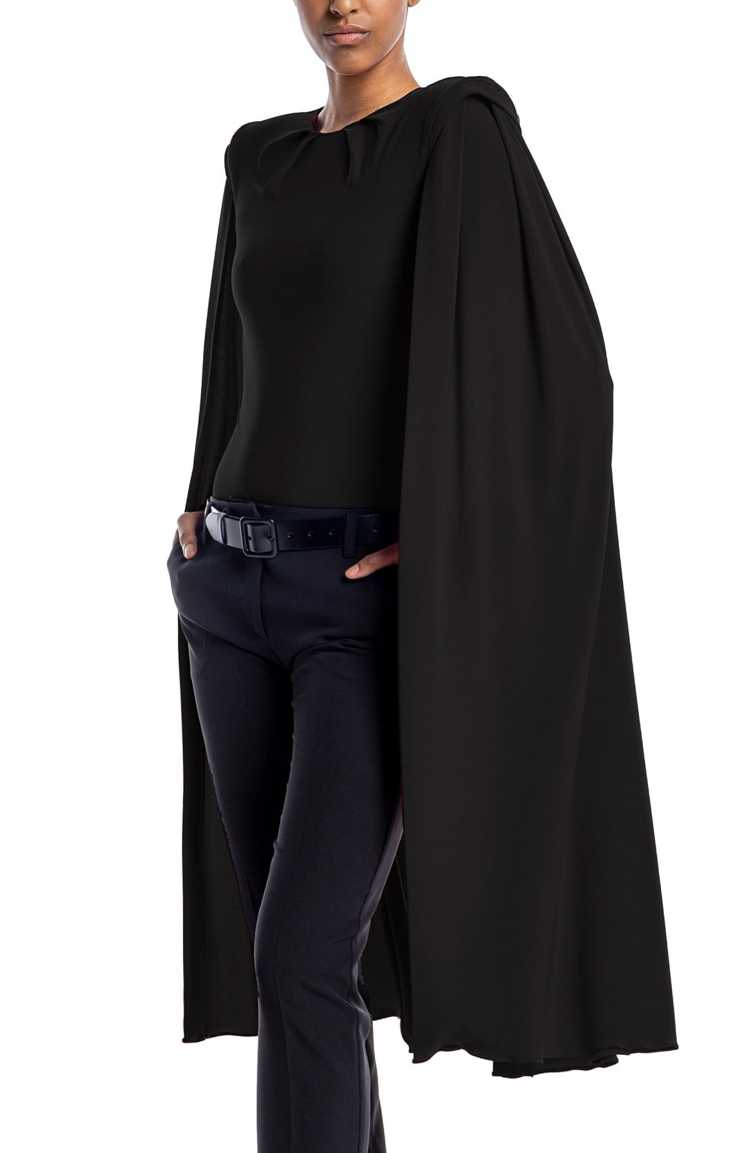 Chic, black, draped bodysuit with shoulder pads and oversized cape sleeves