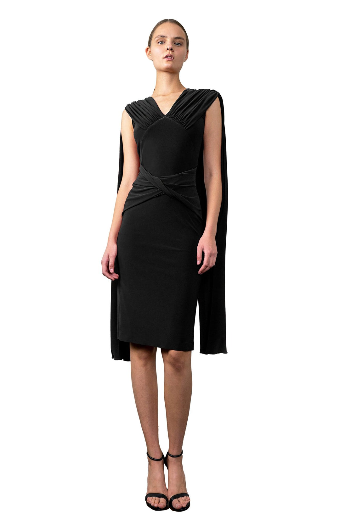 black open back cocktail dress with cape