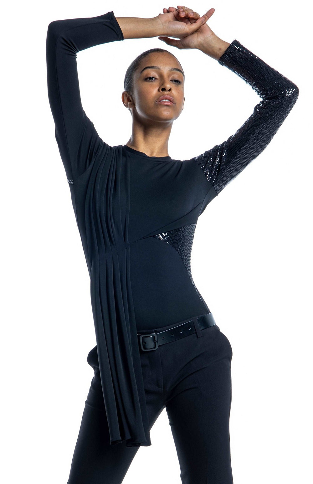 chic, black, long sleeve, dressy couture t shirt with Grecian style draping and sequin contrast detail