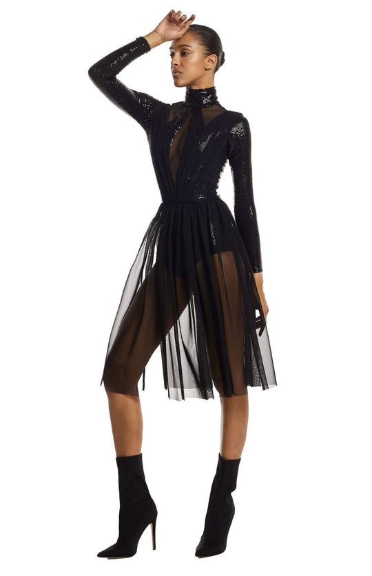 Chic, black, long sleeve, turtleneck, bodysuit dress with draped low neckline and sheer skirt. 