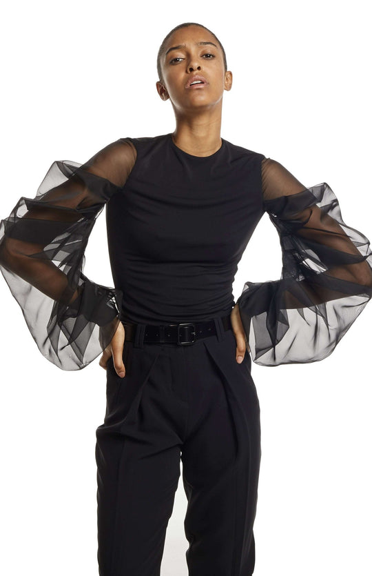 elegant, black top, in jersey knit, with closed neck, oversized, draped, sheer, sleeves in silk organza