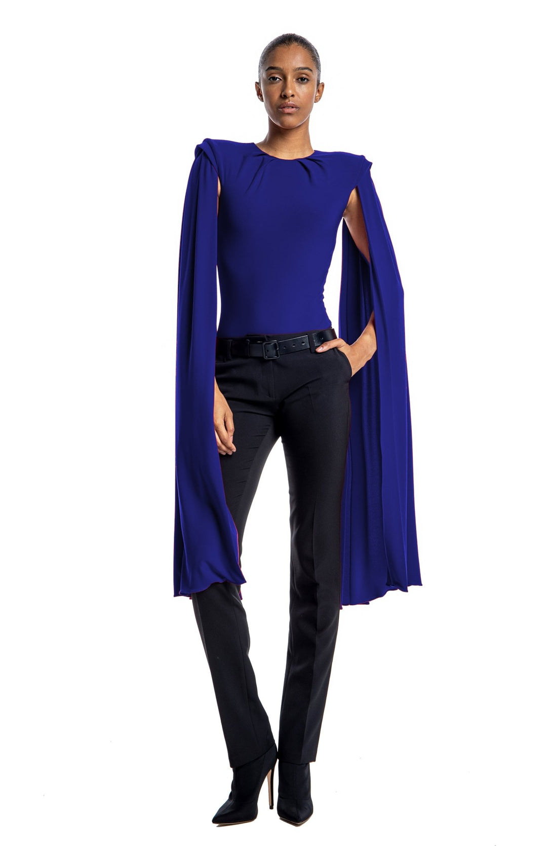 chic, royal blue, draped bodysuit with shoulder pads and oversized cape sleeves