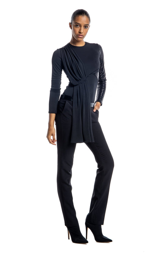 elegant, black, long sleeve, dressy couture t shirt with Grecian style draping and sequin contrast detail