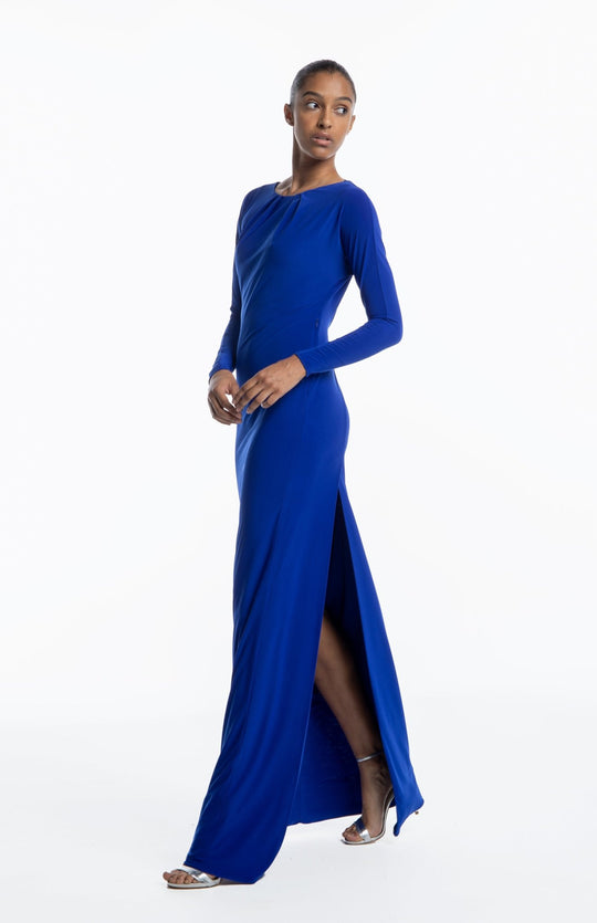 Seductive,  backless gown, with back cutout detail in royal blue jersey knit