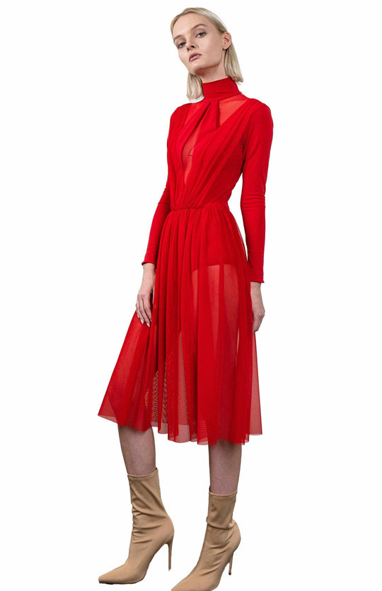 Chic, Red, ballerina style, bodysuit dress, with long sleeves, turtleneck and gathered sheer skirt below the knee.