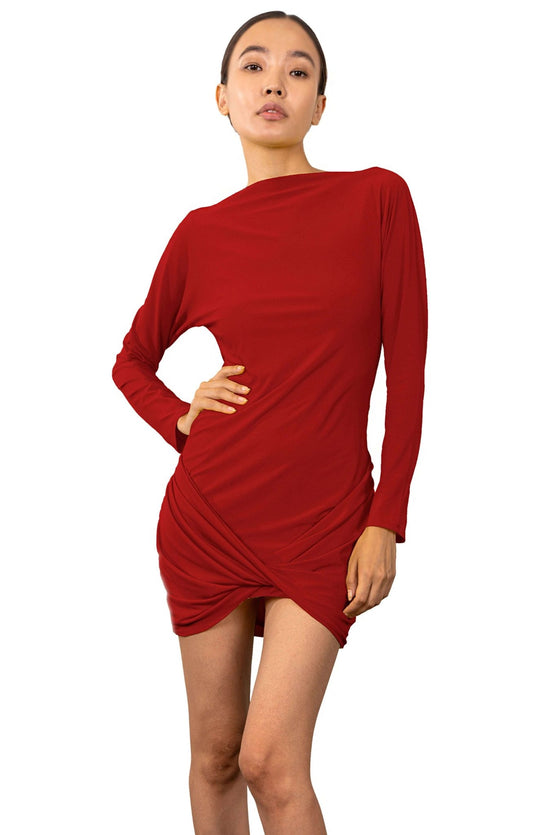 Sexy, red, long sleeve short dress in jersey knit. Twisted draped front, gathered low back and boat neckline.