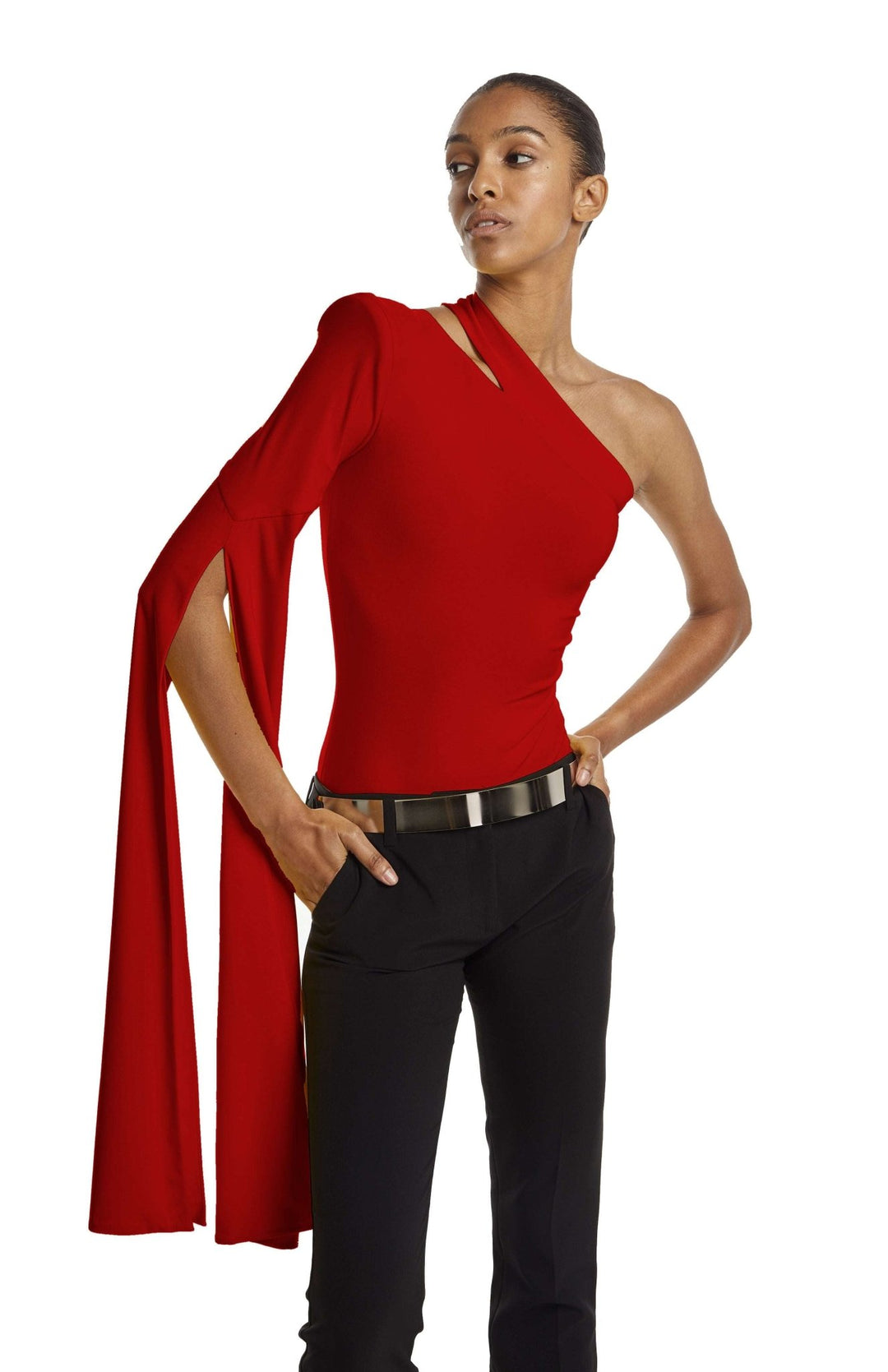 Red one shoulder bodysuit