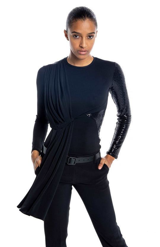 dramatic, black, dressy long sleeve t shirt with Grecian style draping and sequin contrast detail