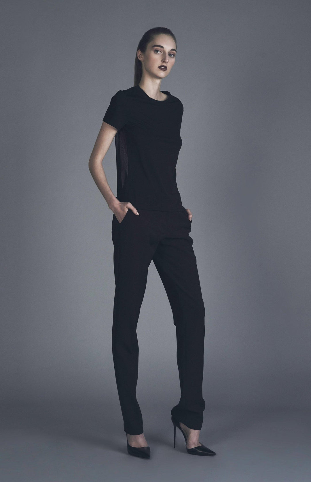 Cool, Black, designer tee, in jersey knit,  with crew neck, sheer draped back and short sleeves
