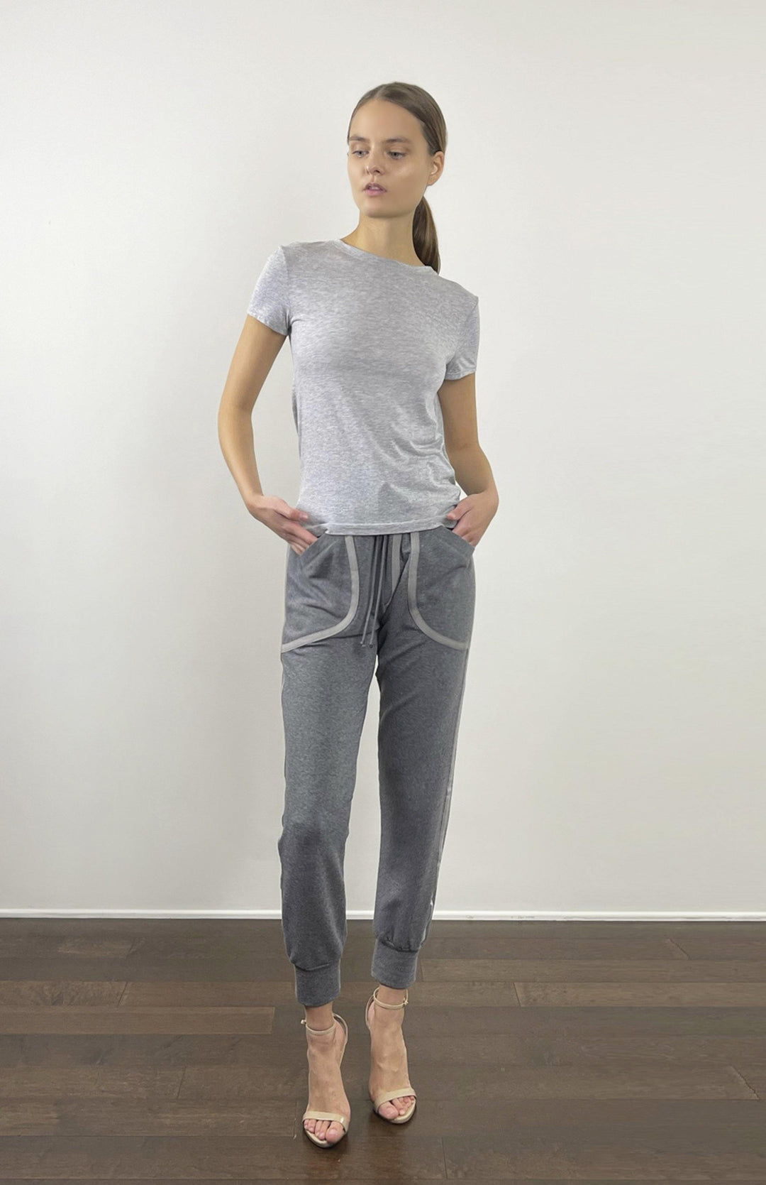 Grey, slim cut, designer joggers, with contrast binding in lux jersey knit fabric.