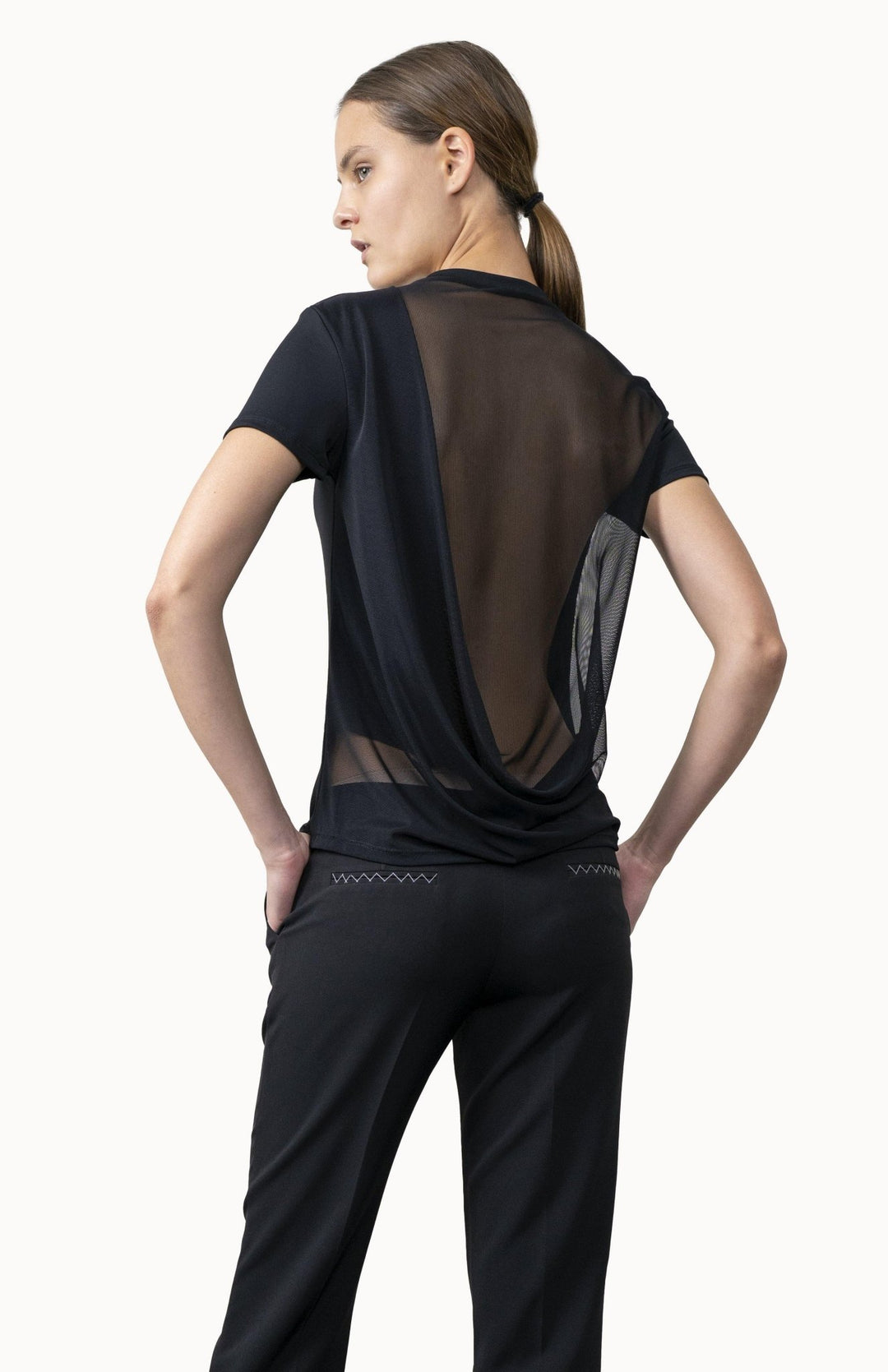 Black, designer tee, in jersey knit,  with crew neck, sheer draped back and short sleeves