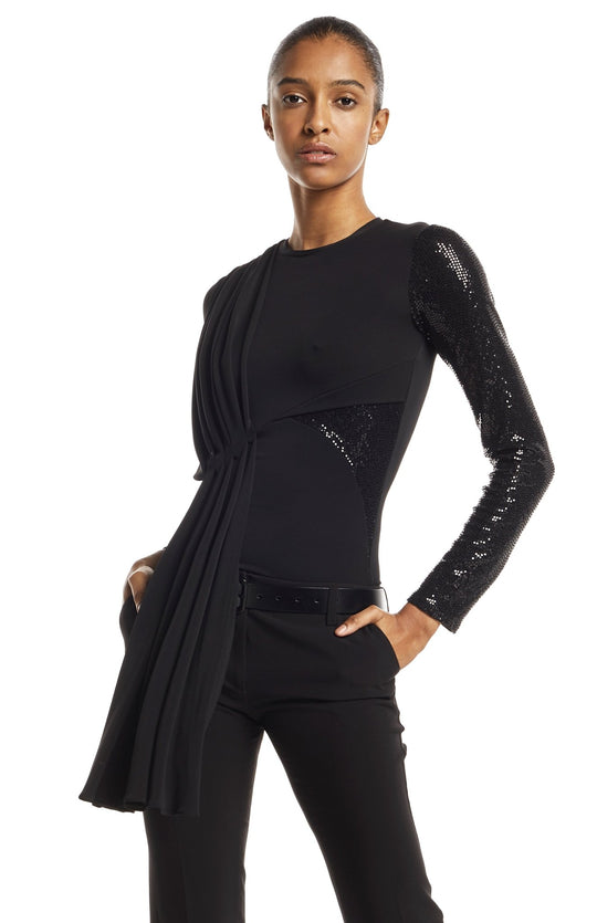  black, dressy long sleeve t shirt with Grecian style draping and sequin contrast detail