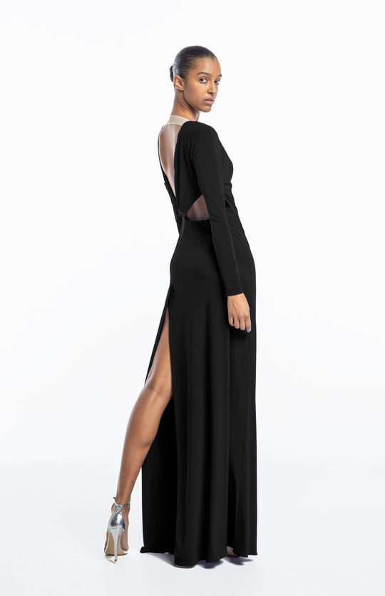 elegant, black, backless gown, with back cutout detail in black jersey knit